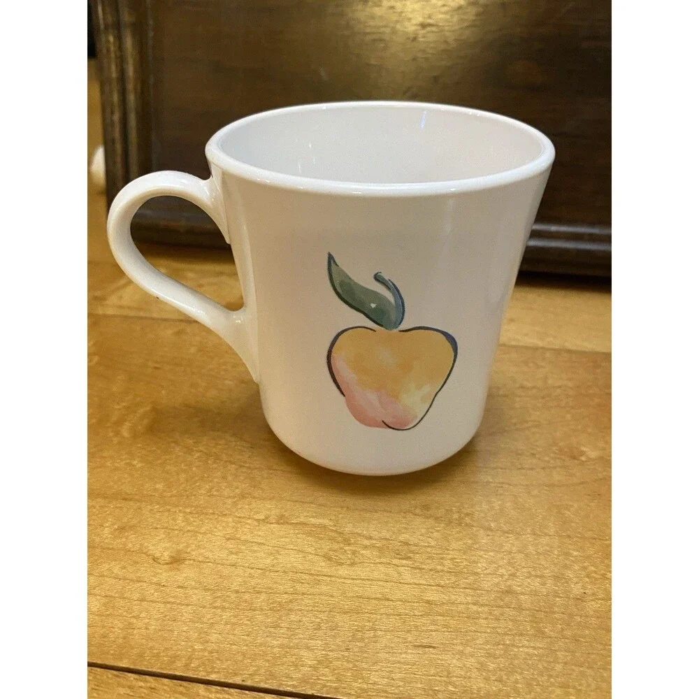 Corelle Fruit Basket Mugs Set 6 Apples Cherries White Coffee Cups Vintage Tea